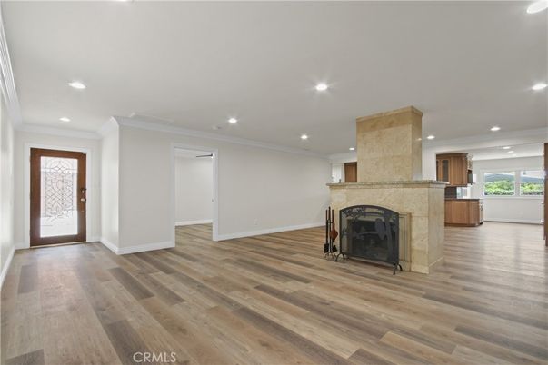 Empty room, Fireplace, Interior, Recessed Lighting, Wood Texture Flooring