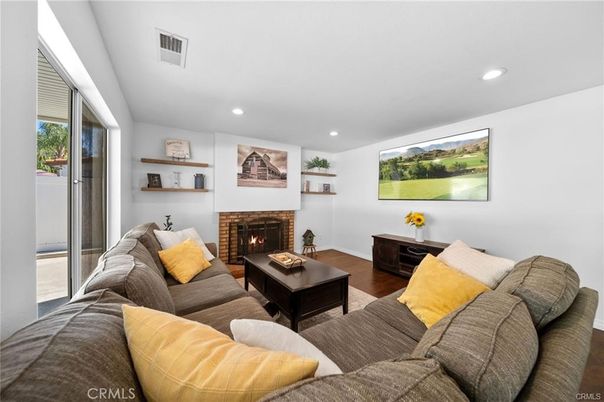 Fireplace, Interior, Living room, Recessed Lighting, Wood Texture Flooring