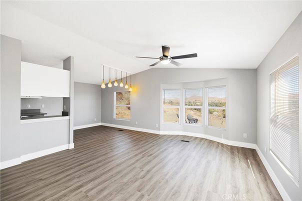Empty room, Interior, Pendant Lights, Wood Texture Flooring