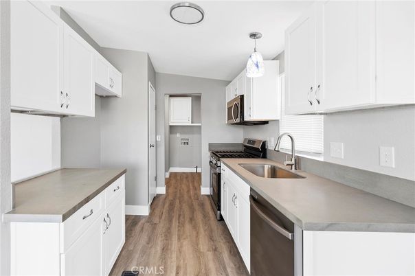 Interior, Kitchen, Pendant Lights, Stainless Steel Appliances, Wood Texture Flooring