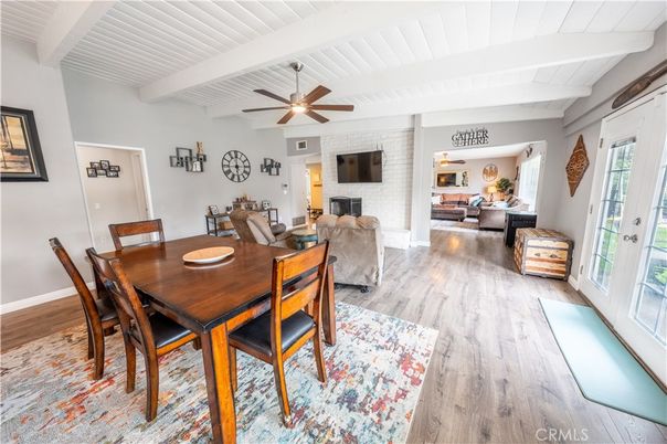 Dining room, Fireplace, Interior, Living room, Stone Walls, Wood Texture Flooring