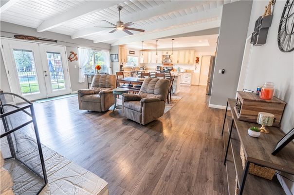 Dining room, Interior, Kitchen, Living room, Pendant Lights, Wood Texture Flooring