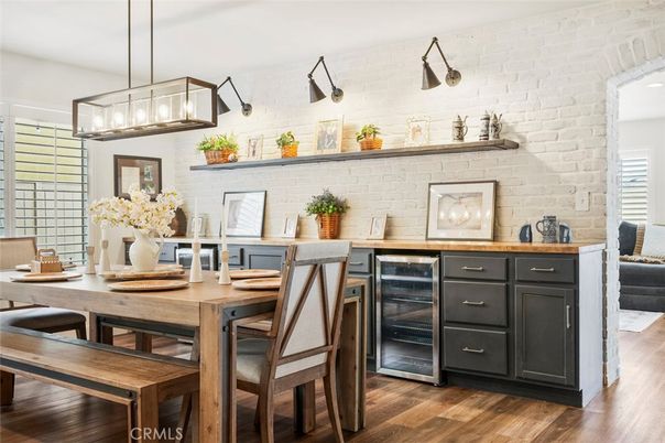 Dining room, Interior, Pendant Lights, Stone Walls, Wood Texture Flooring