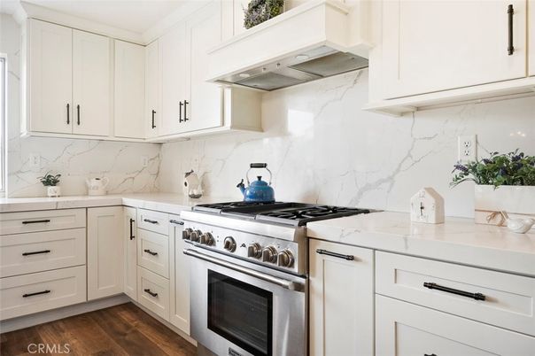 Interior, Kitchen, Marble Walls, Stainless Steel Appliances, Wood Texture Flooring