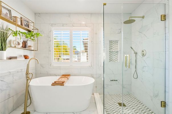 Bathroom, Free Standing Baths, Glass Shower, Interior, Marble, Marble Walls