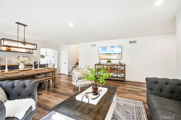 Dining room, Interior, Living room, Pendant Lights, Recessed Lighting, Wood Texture Flooring