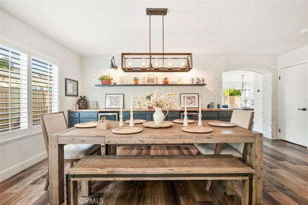Dining room, Interior, Pendant Lights, Wood Texture Flooring