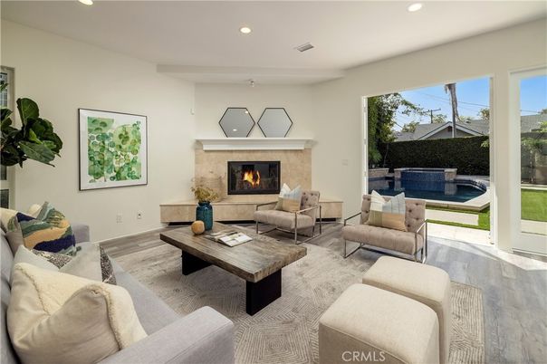 Fireplace, Interior, Living room, Recessed Lighting, Wood Texture Flooring