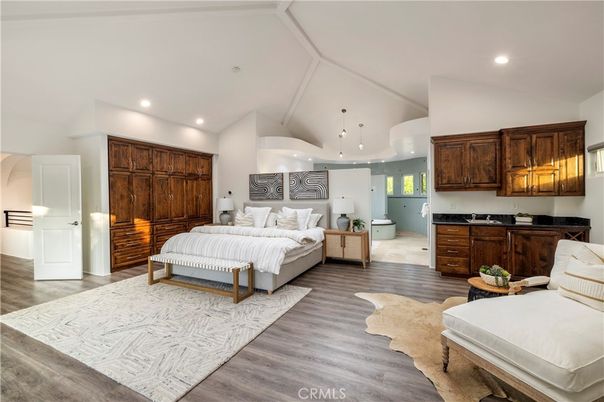Bedroom, Interior, Pendant Lights, Recessed Lighting, Wood Texture Flooring