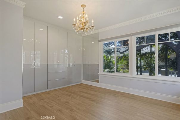 Chandelier, Empty room, Interior, Recessed Lighting, Wood Texture Flooring