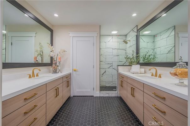 Bathroom, Dual Sink Vanities, Glass Shower, Interior, Marble Walls, Recessed Lighting