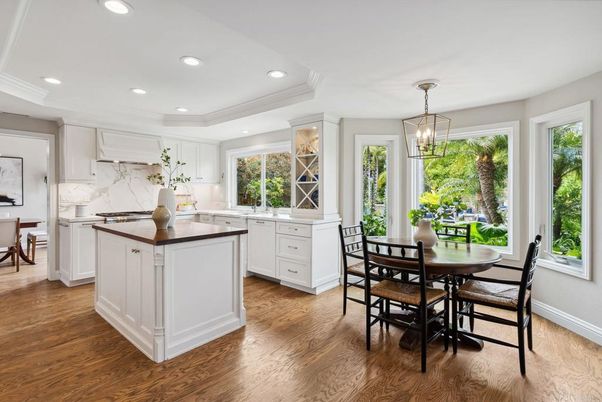 Dining room, Interior, Kitchen, Marble Walls, Pendant Lights, Recessed Lighting, Wood Texture Flooring
