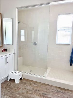 Bathroom, Glass Shower, Interior, Wood Texture Flooring