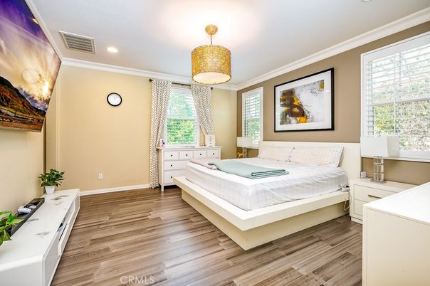 Bedroom, Interior, Pendant Lights, Recessed Lighting, Wood Texture Flooring