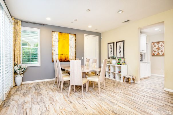 Dining room, Interior, Recessed Lighting, Wood Texture Flooring
