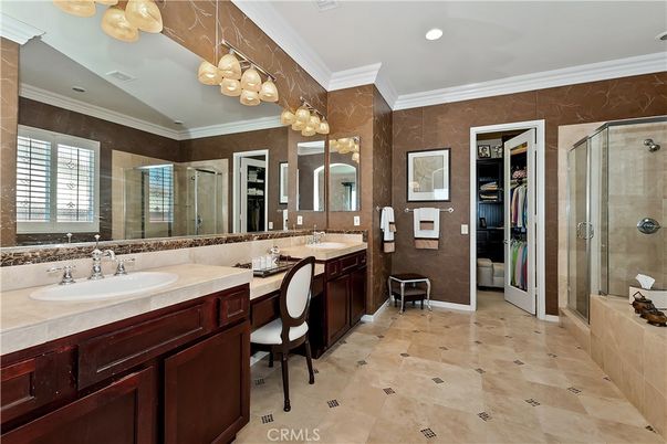 Bathroom, Dual Sink Vanities, Glass Shower, Interior, Recessed Lighting, Tile Countertops