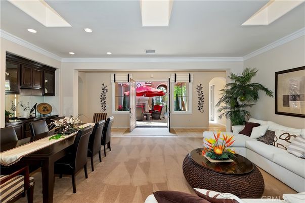 Dining room, Interior, Living room, Recessed Lighting, Wood Texture Flooring