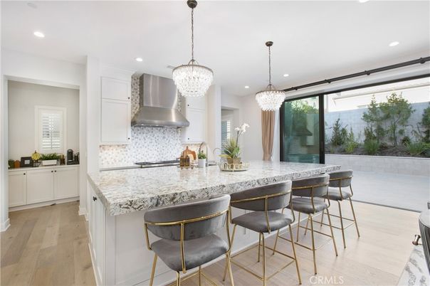 Chandelier, Interior, Kitchen, Recessed Lighting, Stainless Steel Appliances, Wood Texture Flooring
