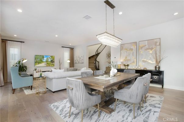 Chandelier, Dining room, Interior, Living room, Recessed Lighting, Wood Texture Flooring
