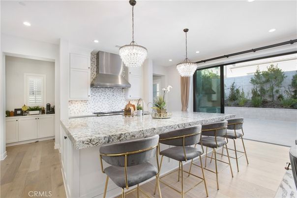 Chandelier, Interior, Kitchen, Recessed Lighting, Stainless Steel Appliances, Wood Texture Flooring