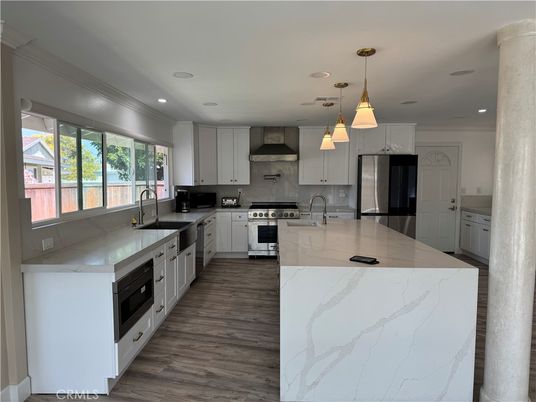 Interior, Kitchen, Pendant Lights, Recessed Lighting, Stainless Steel Appliances, Wood Texture Flooring