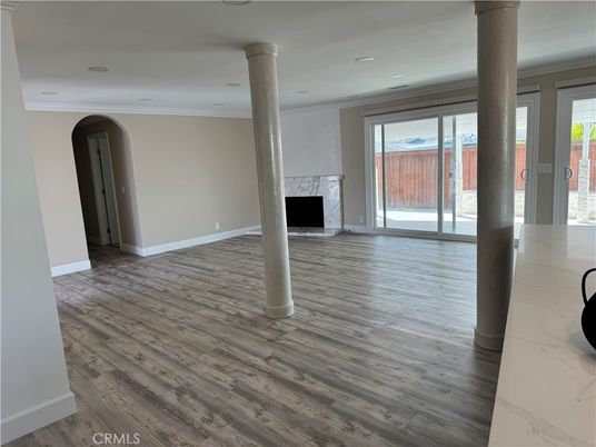Empty room, Fireplace, Interior, Recessed Lighting, Wood Texture Flooring
