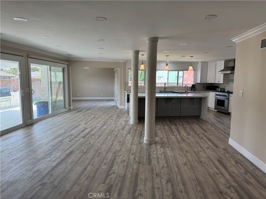 Interior, Kitchen, Pendant Lights, Recessed Lighting, Stainless Steel Appliances, Wood Texture Flooring