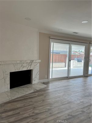 Empty room, Fireplace, Interior, Recessed Lighting, Wood Texture Flooring