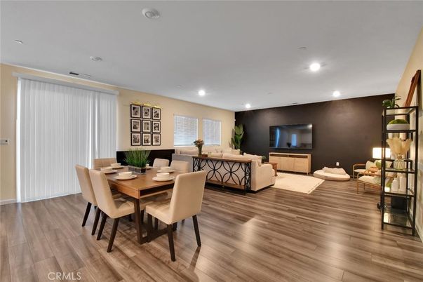 Dining room, Interior, Living room, Recessed Lighting, Wood Texture Flooring