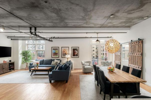 Dining room, Interior, Living room, Pendant Lights, Wood Texture Flooring