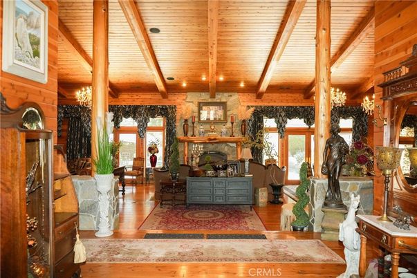 Chandelier, Fireplace, Interior, Recessed Lighting, Wooden Beams, Wooden Ceilings, Wood Texture Flooring
