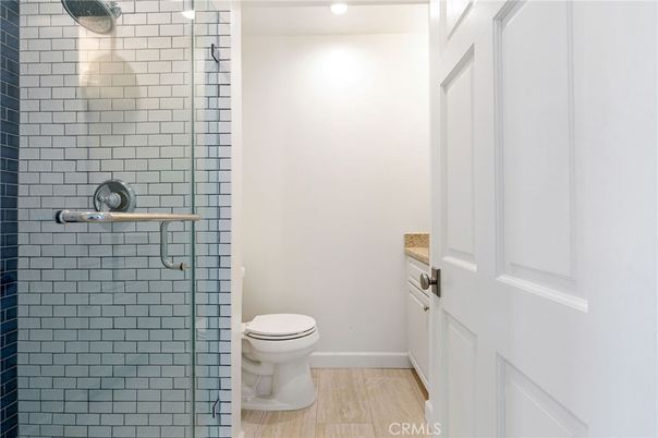 Bathroom, Glass Shower, Interior, Recessed Lighting, Wood Texture Flooring