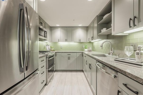 Interior, Kitchen, Recessed Lighting, Stainless Steel Appliances, Wood Texture Flooring