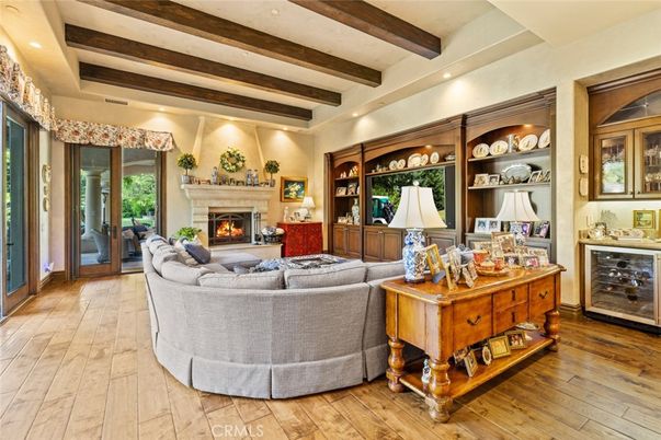 Fireplace, Interior, Living room, Recessed Lighting, Wooden Beams, Wood Texture Flooring