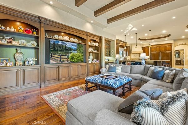 Interior, Kitchen, Living room, Pendant Lights, Recessed Lighting, Stainless Steel Appliances, Wooden Beams, Wood Texture Flooring