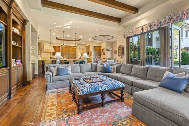 Interior, Kitchen, Living room, Pendant Lights, Recessed Lighting, Stainless Steel Appliances, Wooden Beams, Wood Texture Flooring