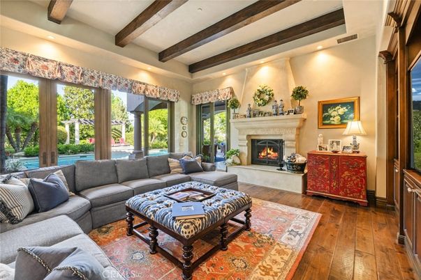 Fireplace, Interior, Living room, Recessed Lighting, Wooden Beams, Wood Texture Flooring