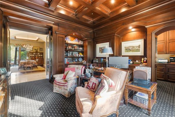 Chandelier, Home Office, Interior, Recessed Lighting, Wooden Beams, Wooden Ceilings, Wood Texture Flooring, Wooden Walls