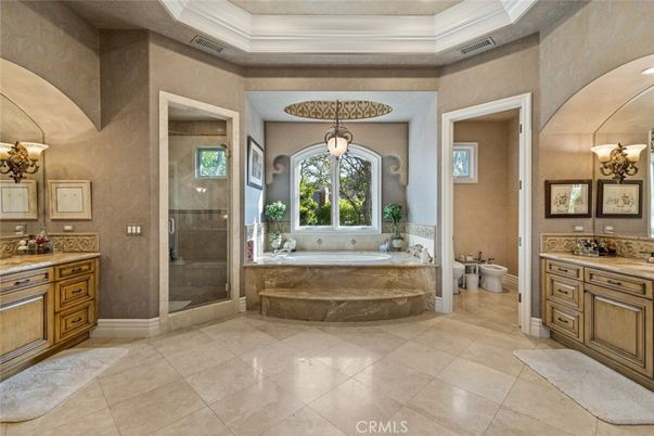 Bathroom, Dual Sink Vanities, Glass Shower, Interior, Pendant Lights