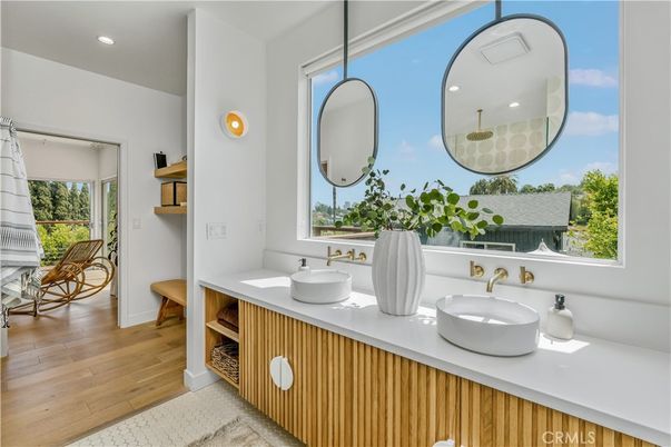 Bathroom, Dual Sink Vanities, Interior, Recessed Lighting, Wood Texture Flooring