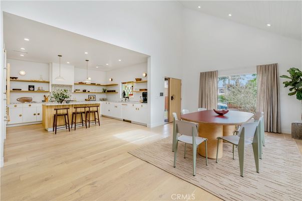 Dining room, Interior, Kitchen, Pendant Lights, Recessed Lighting, Wood Texture Flooring