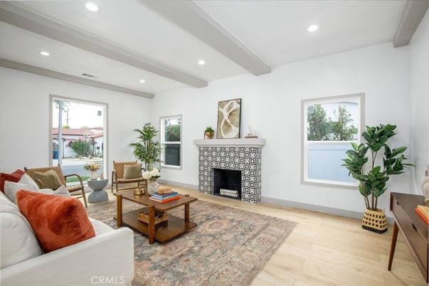 Fireplace, Interior, Living room, Recessed Lighting, Wooden Beams, Wood Texture Flooring