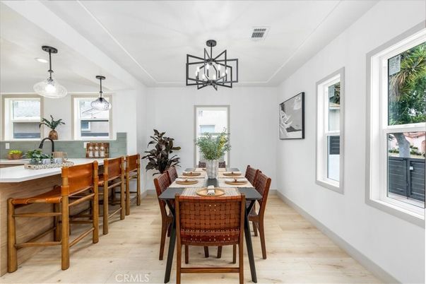Dining room, Interior, Pendant Lights, Wood Texture Flooring