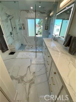 Bathroom, Glass Shower, Interior, Marble, Marble Walls, Recessed Lighting