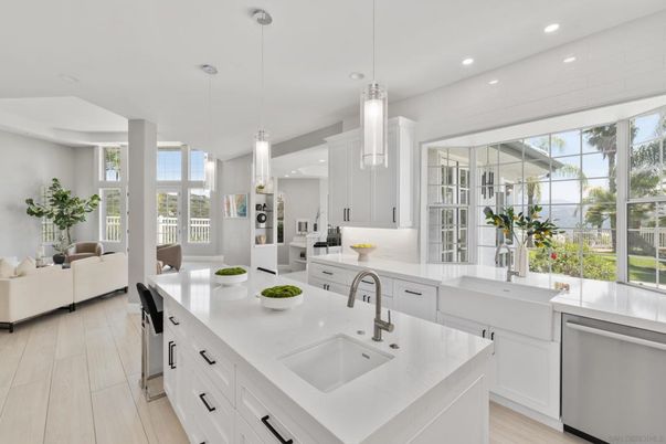 Interior, Kitchen, Living room, Pendant Lights, Recessed Lighting, Water, Wood Texture Flooring