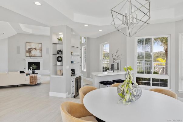 Chandelier, Dining room, Fireplace, Interior, Living room, Recessed Lighting, Wood Texture Flooring