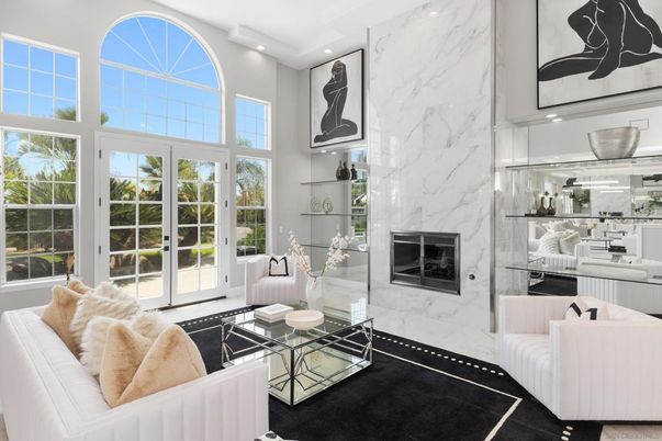 Fireplace, Interior, Living room, Marble Walls, Recessed Lighting