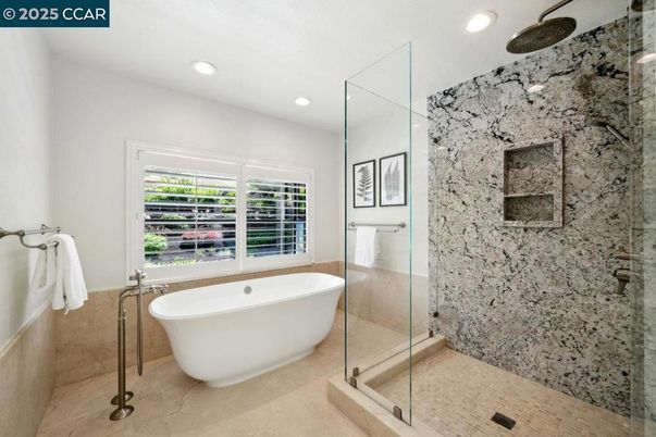Bathroom, Free Standing Baths, Glass Shower, Interior, Recessed Lighting