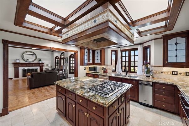 Fireplace, Interior, Kitchen, Living room, Recessed Lighting, Wood Texture Flooring