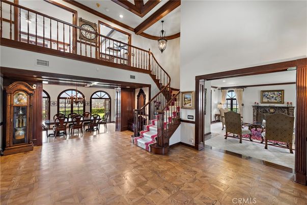 Dining room, Fireplace, Interior, Pendant Lights, Recessed Lighting, Wooden Beams, Wood Texture Flooring